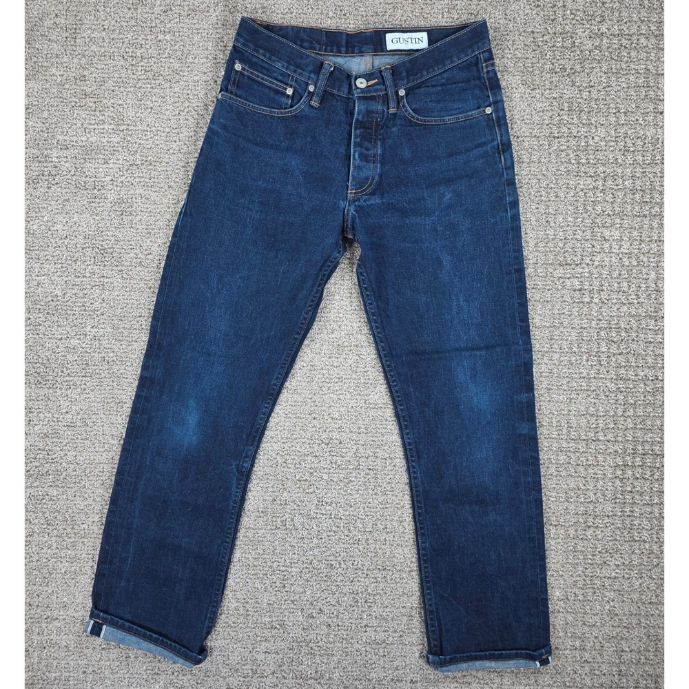Gustin Mens Cone Mills Selvedge Denim Jeans Dark Indigo Blue 12.5oz Button Fly - Picture 2 of 15